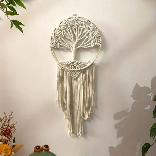 Arbre de vie en macramé, décoration murale bohème avec cadre rond en bois