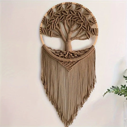 Arbre de vie en macramé, décoration murale bohème avec cadre rond en bois
